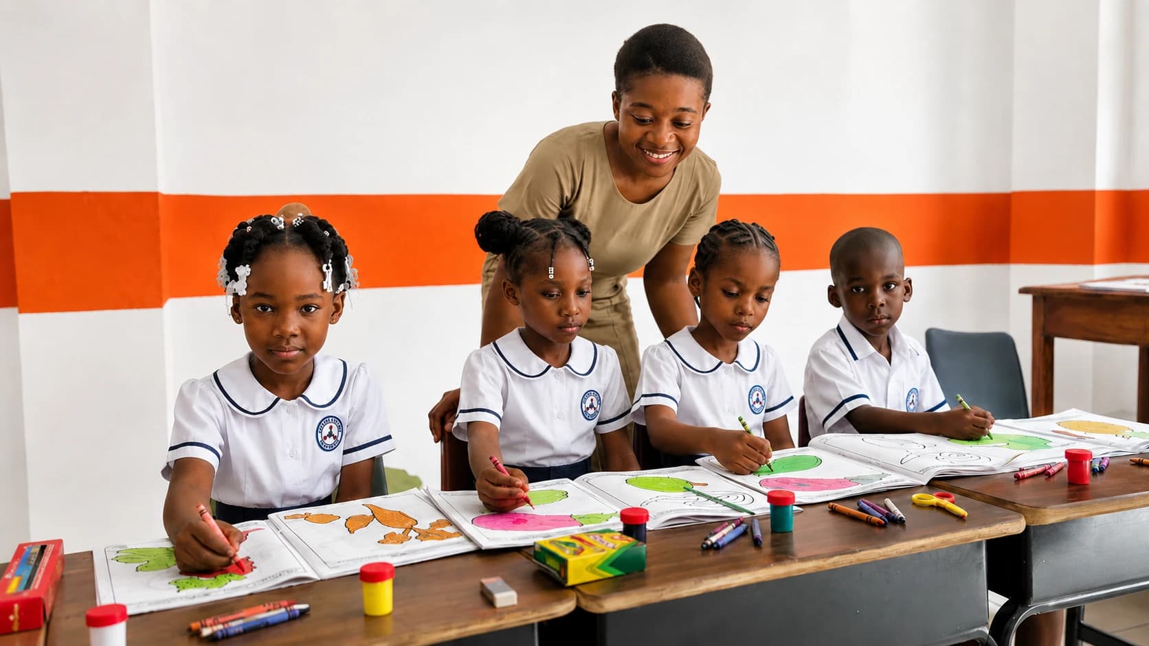 Une enseignante du CMFB accompagne ses élèves du primaire en atelier de dessin