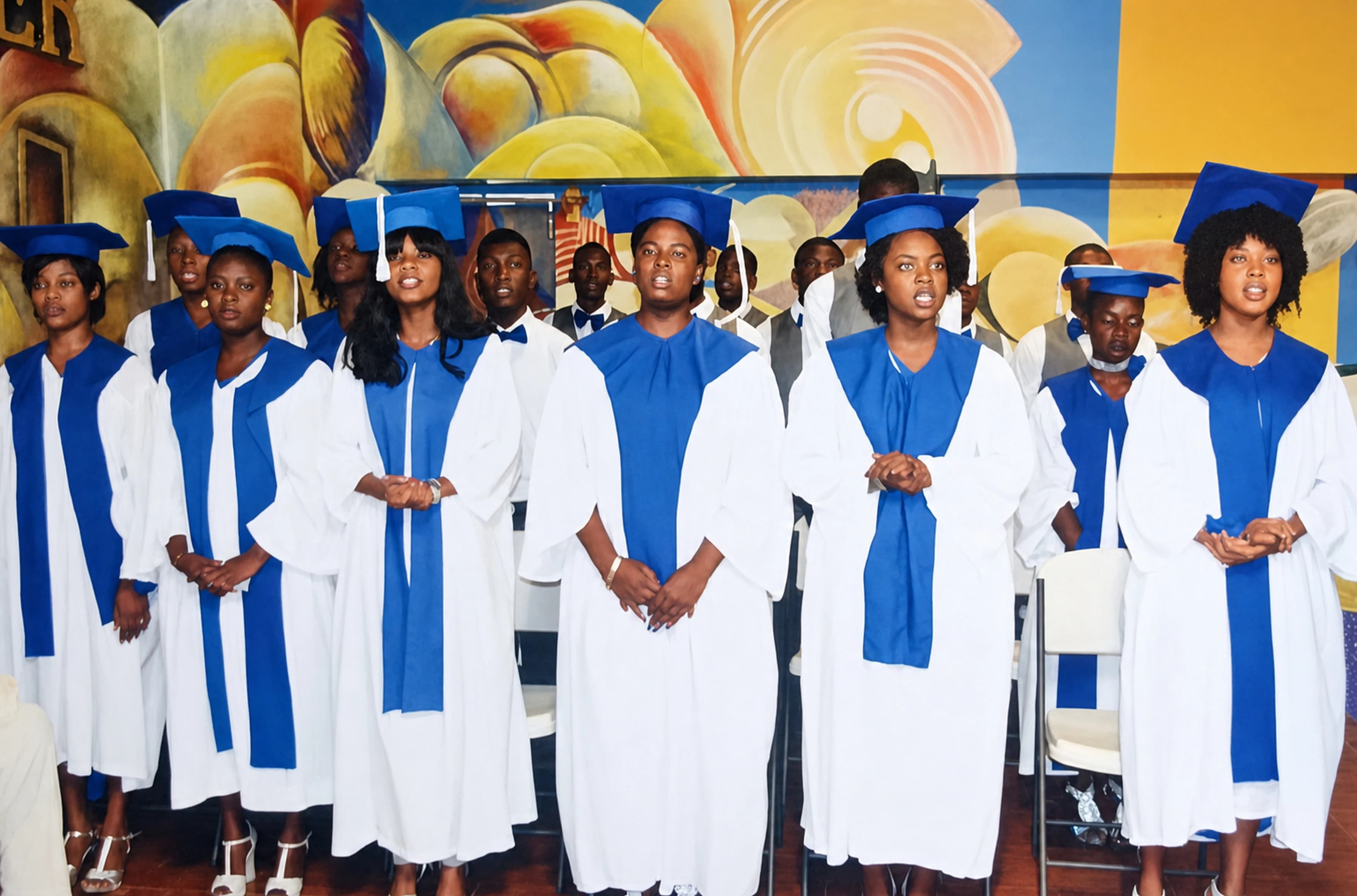 Les diplômés du CMFB en toge et toque, réunis le jour de la graduation