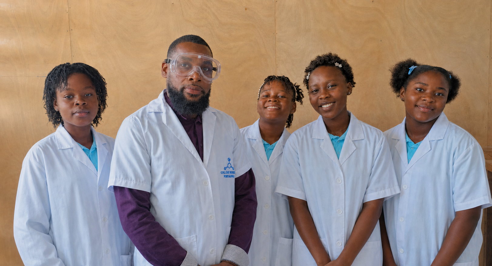 Le professeur de sciences du CMFB et ses élèves en blouses de laboratoire